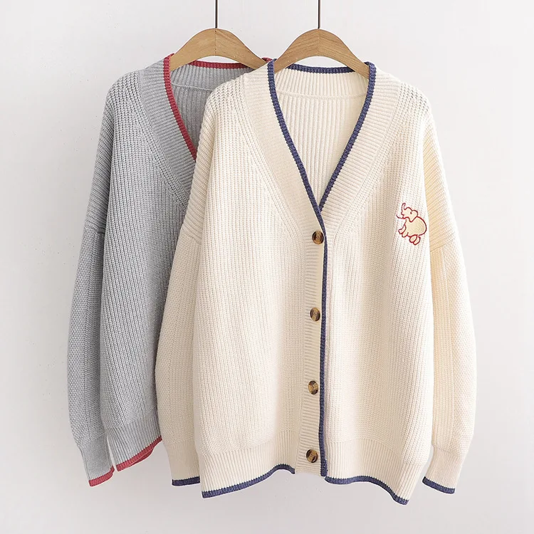 

2021 new autumn and winter cardigan wild literary fan simple solid color knitted elephant embroidery cardigan coat