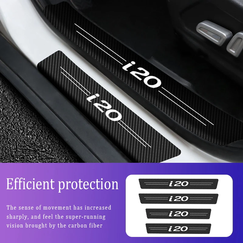 

4Pcs Decal Car Sticker Door Carbon Leather Fiber Sill Plate For Hyundai i20 Logo 2018 2015 2016 2017 2019 2020 Type Accessories
