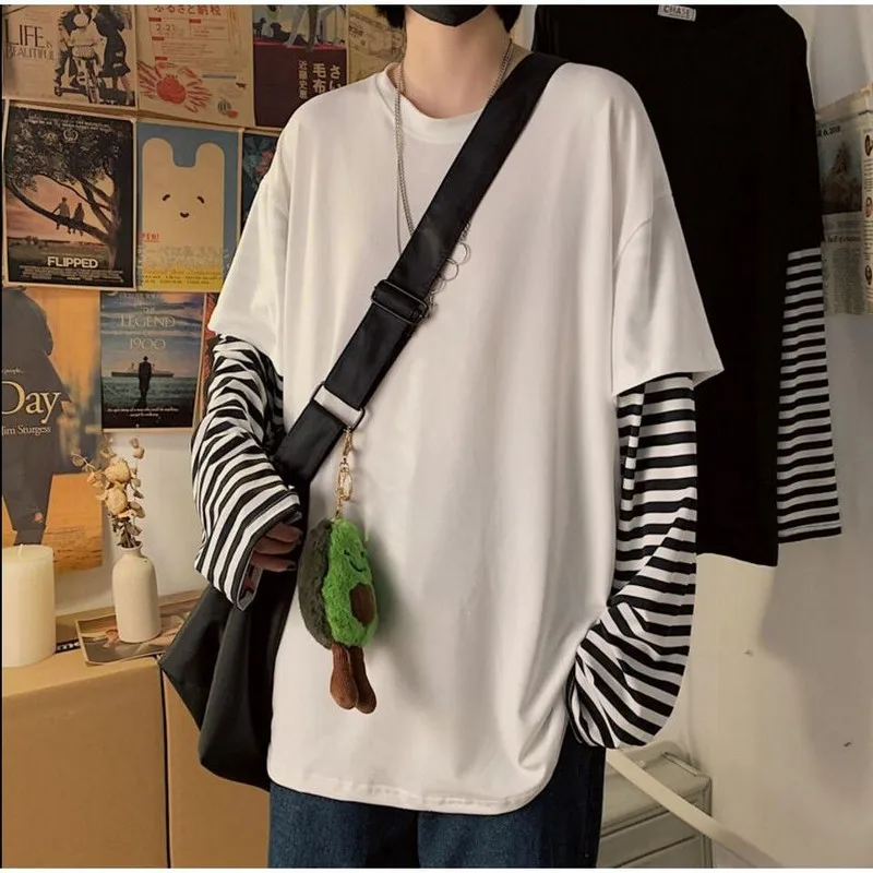 

Long Sleeve Fake Two-piece T Shirt Striped Big Shirts Men Clothing Men Fashion 2020 New Oversized Tees Clothes Tshirt