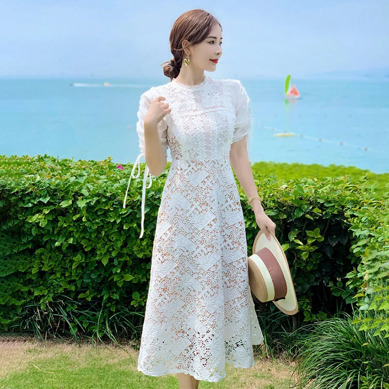 

White Summer Lace Patchwork Dress Korean High Waist Lace Up Hollow Out Party Dress Elegant O-Neck Long Midi Dress A-Line C256