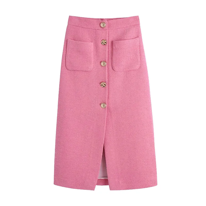 

Women Chic Fashion With Buttons Front Slit Tweed Midi Skirt Vintage High Waist Back Zipper Female Skirts Mujer