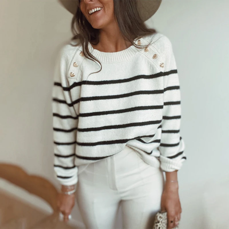 

Elegant Button Knitted Pullovers Sweaters Women 2021 Long Sleeve O Neck Casual Sweater Autumn Stripe Loose Oversized Jumper