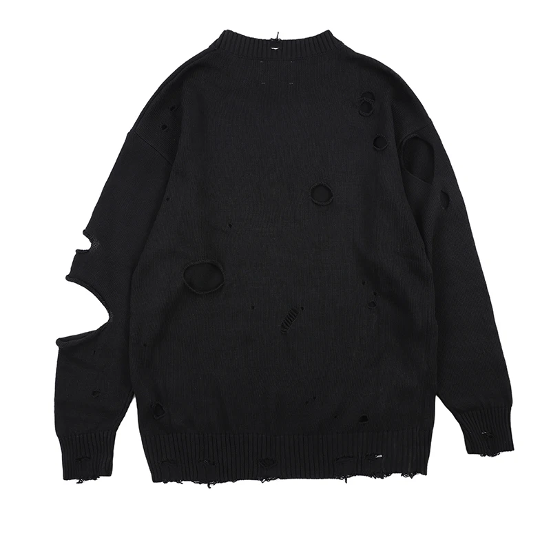 

High Street Ripped Sweaters Men Streetwear Black Pullover Sweaters Hip Hop Long Sleeve Pullovers Oversized Sweater for Men