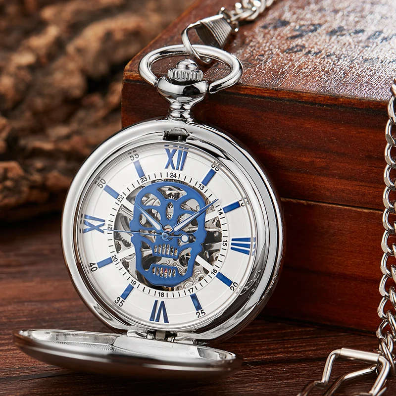 Smooth Sliver Case Skull Roman Numerals Dial Mechanical Pocket Watch Antique Fob Chain Collection Clock for Men Dropshipping