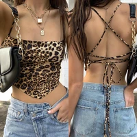 leopard printed tie up crop top sexy party rave sleeveless cross with thin strap bralette backless super short sling summer