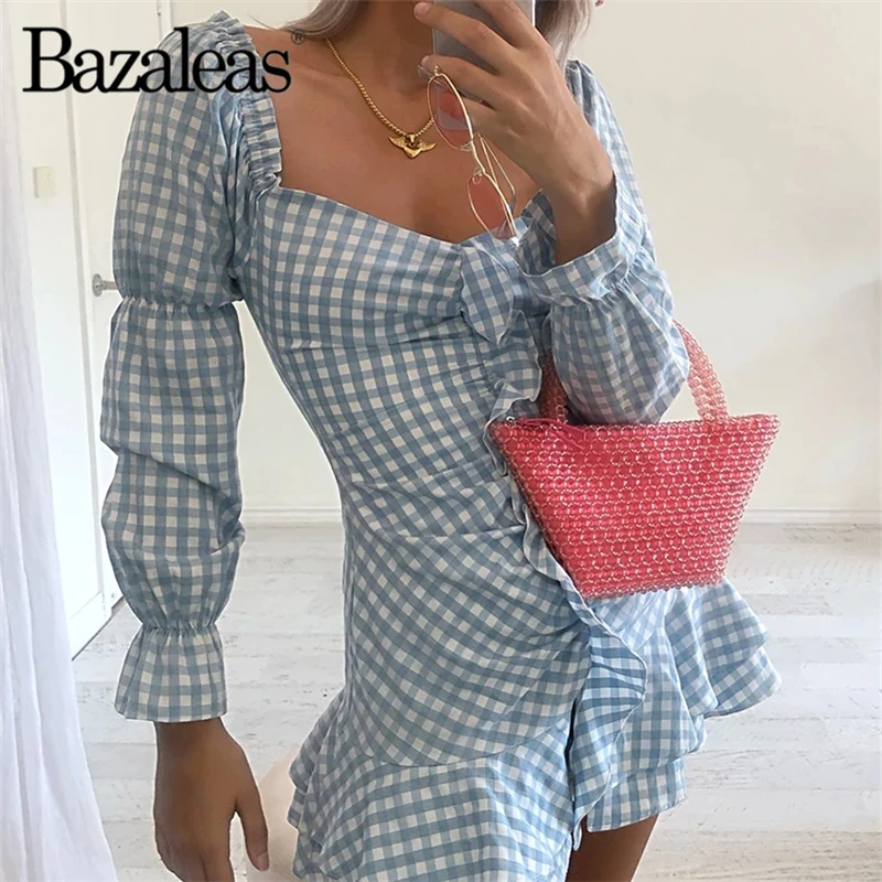 Bazaleas модное мини платье с длинным рукавом и оборками винтажное синее принтом