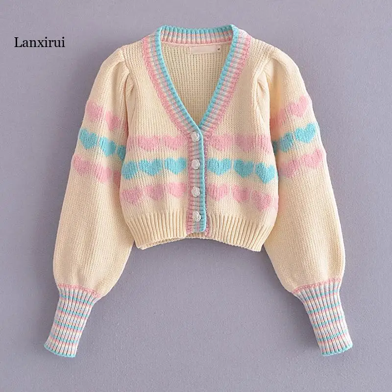

Fashion Women Hit Color Heart Pattern Cardigan Sweater Mujer Lantern Sleeve Single Breasted Crop Outerwear Autumn Tops