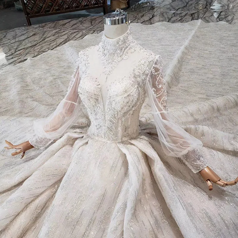 Sample Luxury 180cm Royal Train Bead Crystal Sequin Lace Bridal Gown Tulle Long Sleeves High Neck Wedding Dress vestido de novia