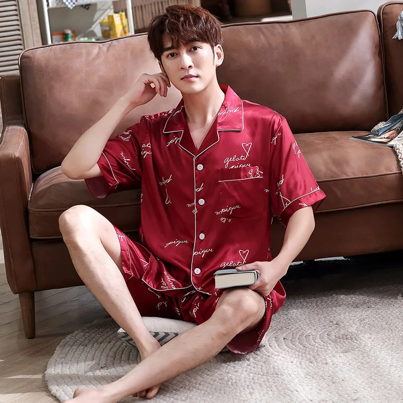 

Pajamas Suit Shirt Pants Sleep Set Men Short Sleeve Nightwear Pijamas Male Nighty Robe Nighties Lounge Sleepshirt Homewear