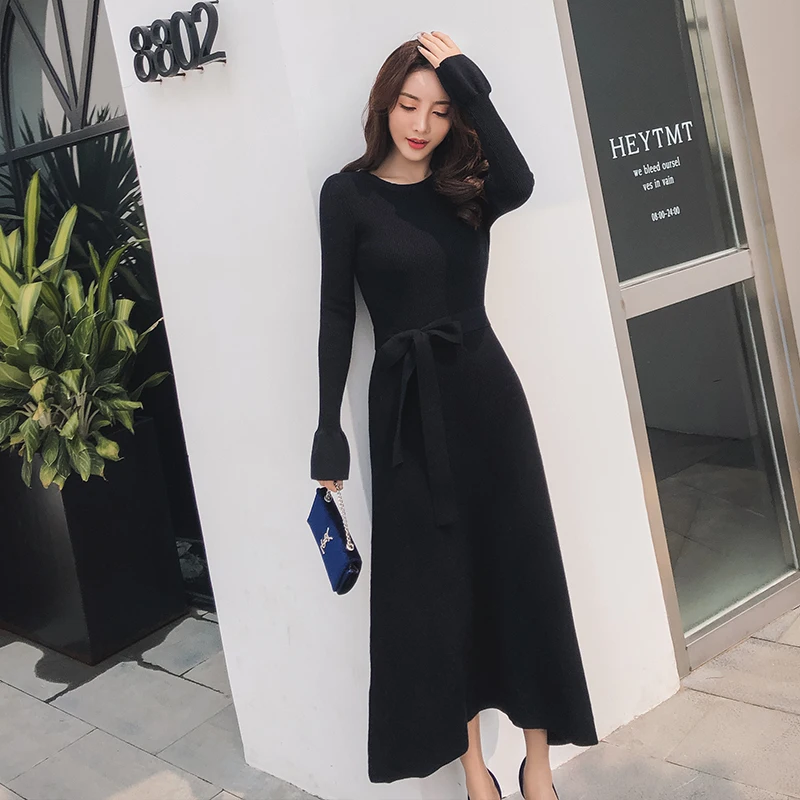 

2020 Autumn Winter High Quality Elegant Women Long Knitted Dress Flare Sleeve Thick Warm Sweater Dress Fashion Sashes Maxi Dress