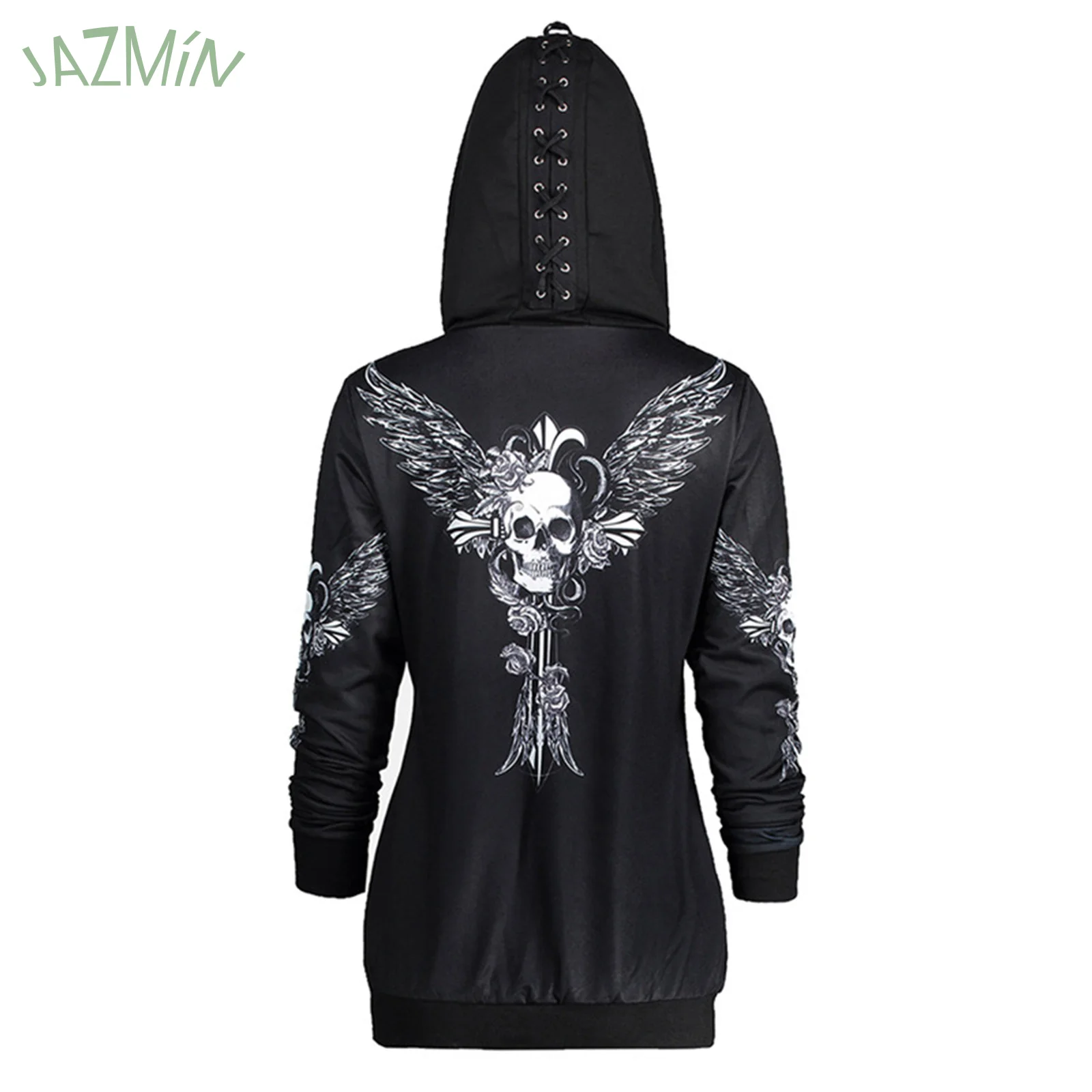 

Куртка на шнуровке с индивидуальным дизайном шляпы с кулиской красивое Пальто с принтом черепа в готическом стиле на Хэллоуин Пальто с длин...