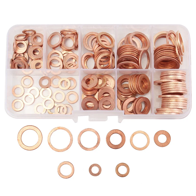 

200Pcs 6 Sizes copper Washer Gasket Nut and Bolt Set Flat Ring Seal Assortment Kit with Box M5/M6/M8/M10/M12/M14 for Sump Plugs