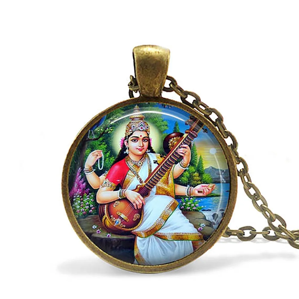 

Vintage India Religion Necklace God Brahma Lord Shiva Vishnu Jewelry Glass Cabochon Pendant Chain Necklaces Religion Jewelry