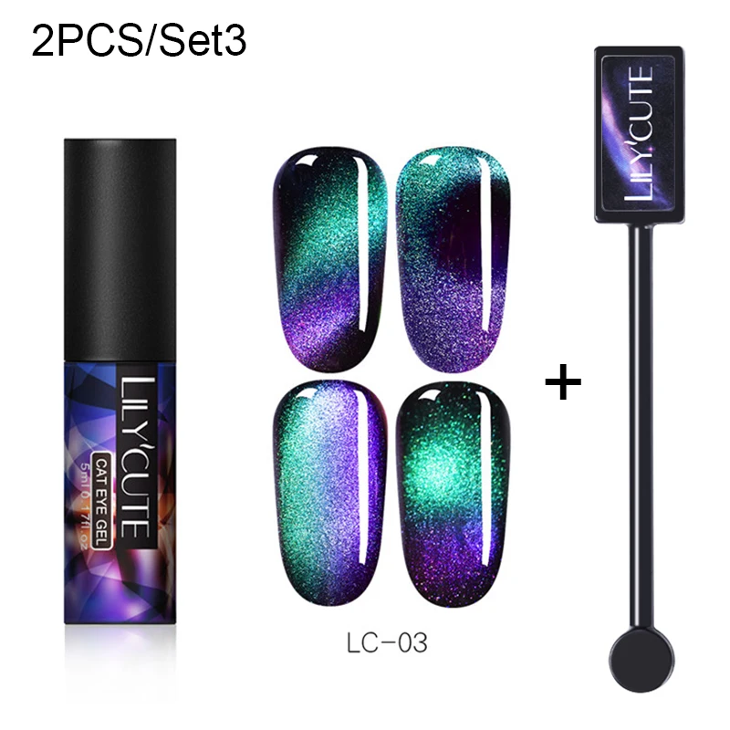2 PCS 3 LILYCUTE, 5 мл, 9D, Auroras, магнитный гель кошачий глаз, набор, долговечный Блестящий лазер для ногтей, художественный Гель-лак для ногтей, впитывающий УФ-Гель-лак - Цвет: 2 PCS 3