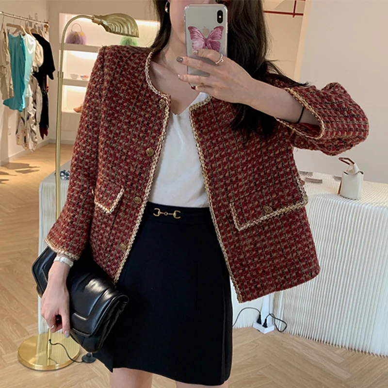 

Vintage Jacket Tweed Short Female Coat with Fragance Little Korean Chess Wool Woven New Autumn Winter 2021