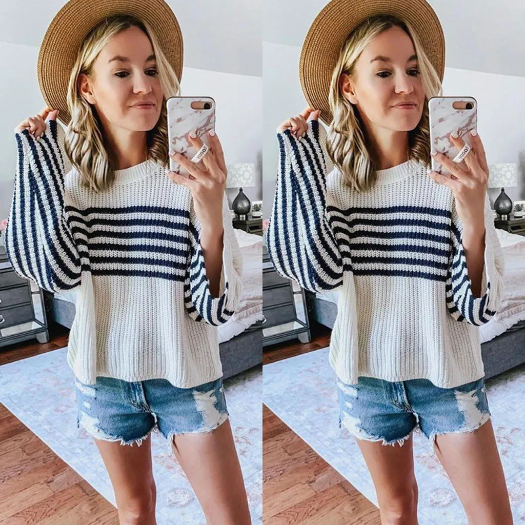 

Fashion Autumn Women Casual Short Knitted Sweater Pullover Striped Long Sleeve Shirt Tops Pull Femme