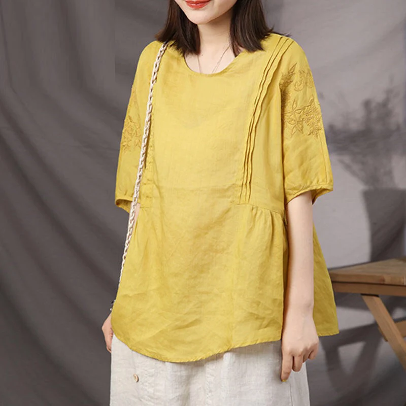 Женская свободная льняная блузка с вышивкой рубашки рукавом до локтя 4xl