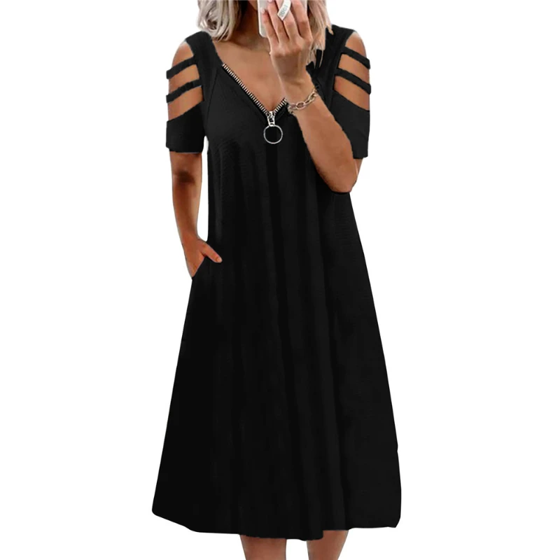 

2021 Summer Sexy V-neck Zipper Solid Color Casual Off-shoulder Hollow out Short-sleeved Loose Mid-length Dress Plus Size