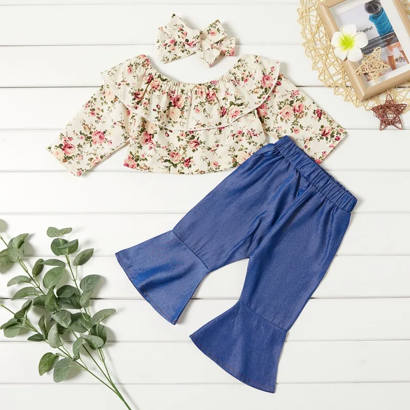 

infant baby girls full sleeve ruched tops ruffles flower blouses solid flare pants headbands toddler kids clothes set 3pcs 0-24M