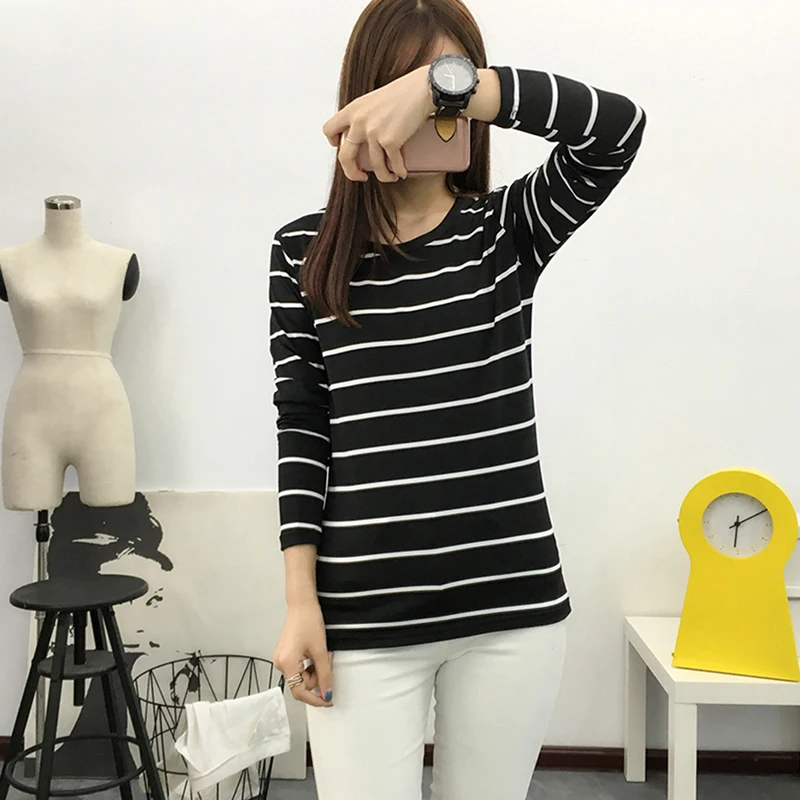 

Womens Cotton T shirts Long Sleeve 2021 Autumn O-Neck Striped Female T-Shirt Women White Black Casual Basic Classic Tops