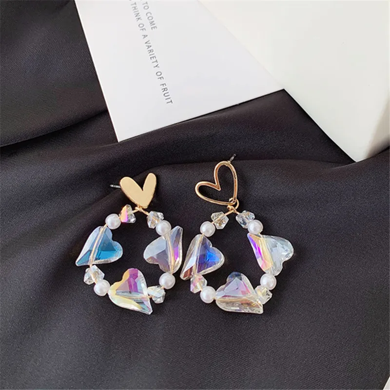 

Vintage Fashion Creative Asymmetric Geometry Irregular Geometrical Round Heart Dazzle Colour Glass Stud Earrings Women Trendy