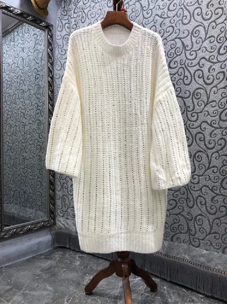 

High Quality New Long Sweater Dress 2021 Autumn Winter Knitwear Women Sequined Beading Flare Sleeve White Black Knitted Dress
