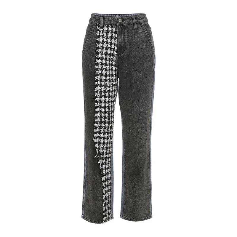 

Zoulv 2021 Spring New Women's High Waist Loose Fashion Black White Plaid Contrast Stitching Mopping Pants Denim Straight Pants