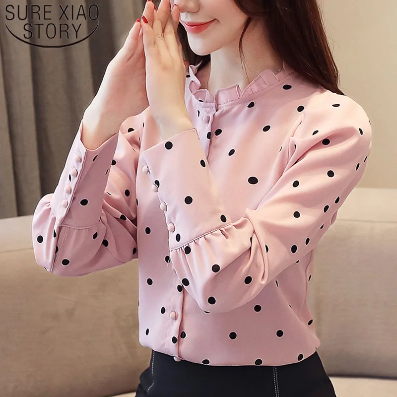 Осенняя мода для женщин шифоновые блузки с длинным рукавом в горошек Женские