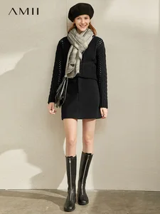 Женская шерстяная мини-юбка Amii, элегантная однотонная приталенная Повседневная однотонная мини-юбка на молнии с карманами, Осень-зима 11930455