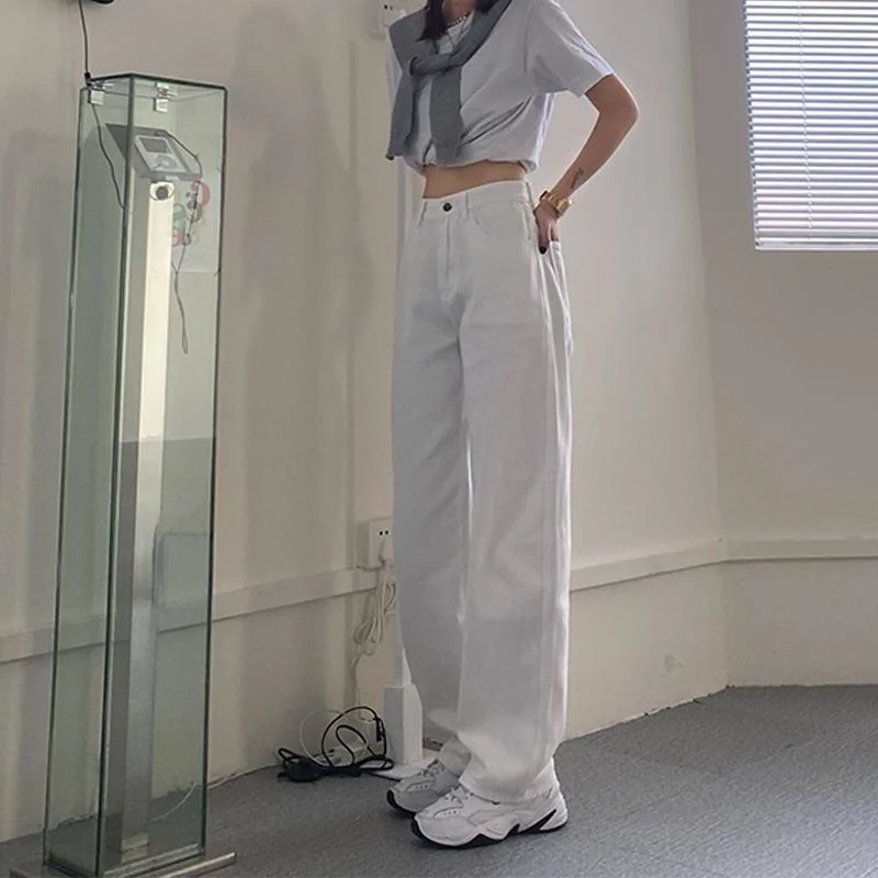 

Straight Jeans Women White Spring Summer High Waist Oversized Trousers Ladies Retro Fashionable Solid Color Full Length Female