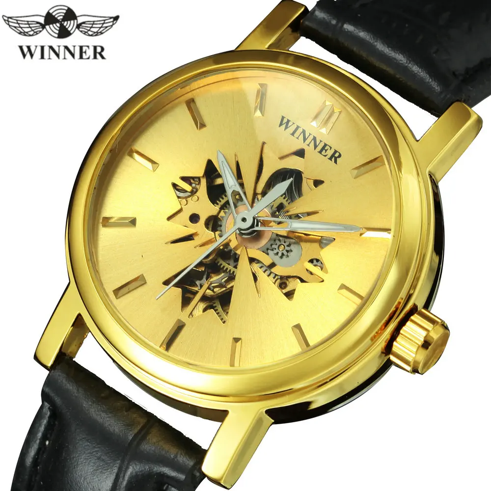

WINNER Official Golden Women Watches Top Brand Luxury Automatic Mechanical Wristwatch Female relogio Skeleton Maple Leaf Clock
