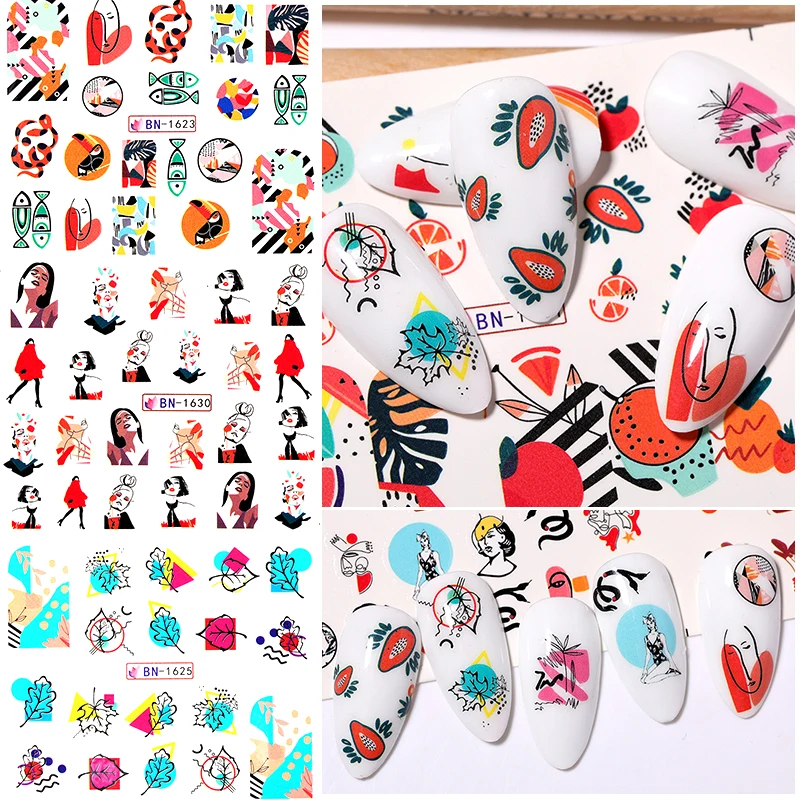 1 Лист водных наклеек для маникюра с рисунком арбуза/киви/лимона с паутинными линиями.