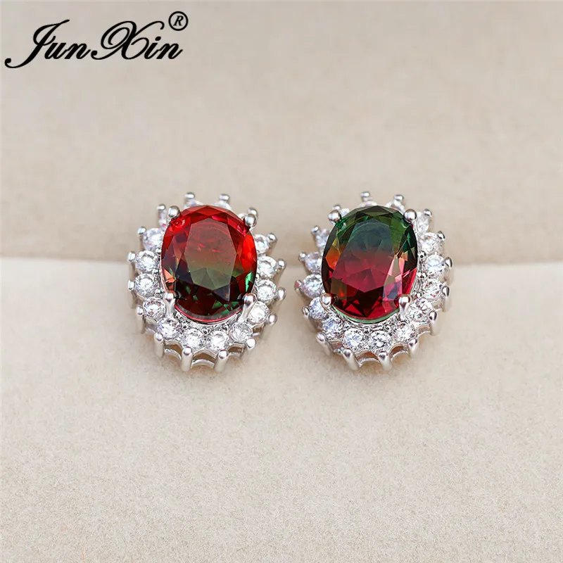 Мистик Красный зеленый камень подсолнечника серьги из белого золота в цветах