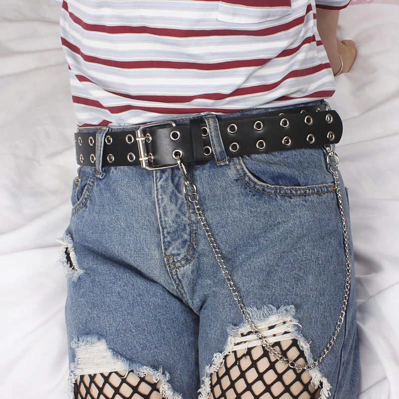 

Ремень из искусственной кожи Женский, двухслойный декоративный пояс с металлической цепочкой и кольцом, в готическом стиле, для уличного та...