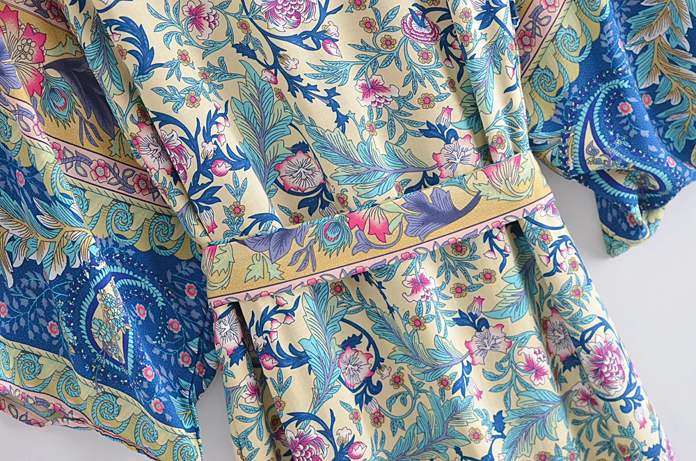 Vintage Chic Women Floral Print Bat Sleeve Beach Bohemian Kimono Happie Dress Ladies V Neck Summer Boho Robe Cover-up | Женская одежда