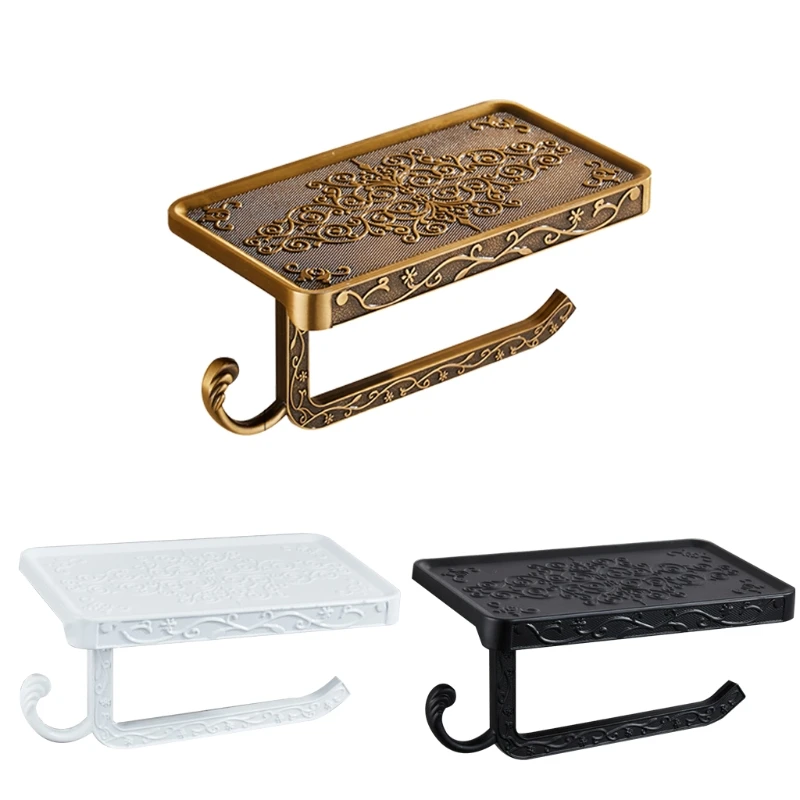 

Kitchen Bathroom Shelves Carving Toilet Roll Paper Rack Organizer with Phone Shelf Wall Mounted Holder Non-perforated