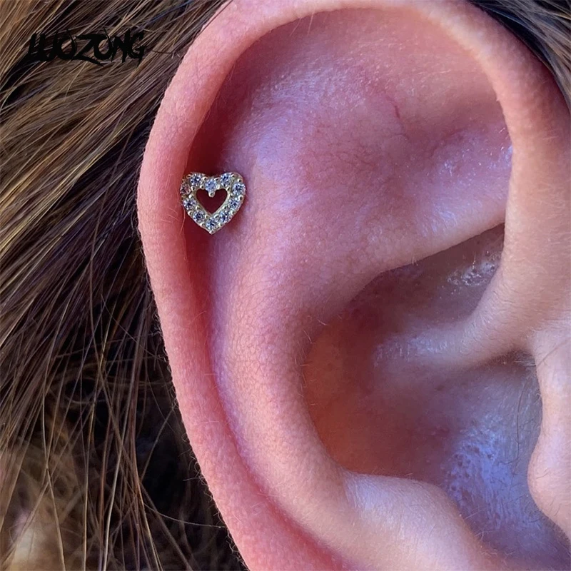 

PS502 2pcs Cute Muti-use Crystal Small Heart Helix Daith Lobe Conch Piercing Jewelrys for Women Stud Earrings Pendientes Brincos