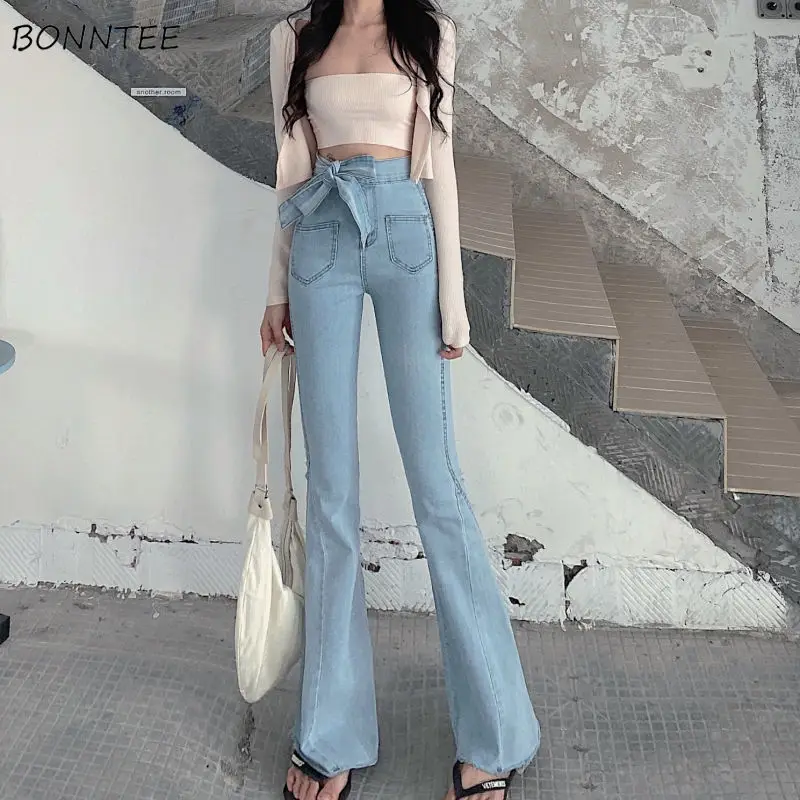 

Jeans Women Blue Vintage All-match High Waist Full Length Daily Denim Medium Retro Pockets Lace Up Flare Trousers Skinny Ulzzang