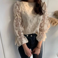 spring autumn new girl chiffon shirt fashion embroidered lace tops elegant flare sleeve casual women blouse blusa womens blouses