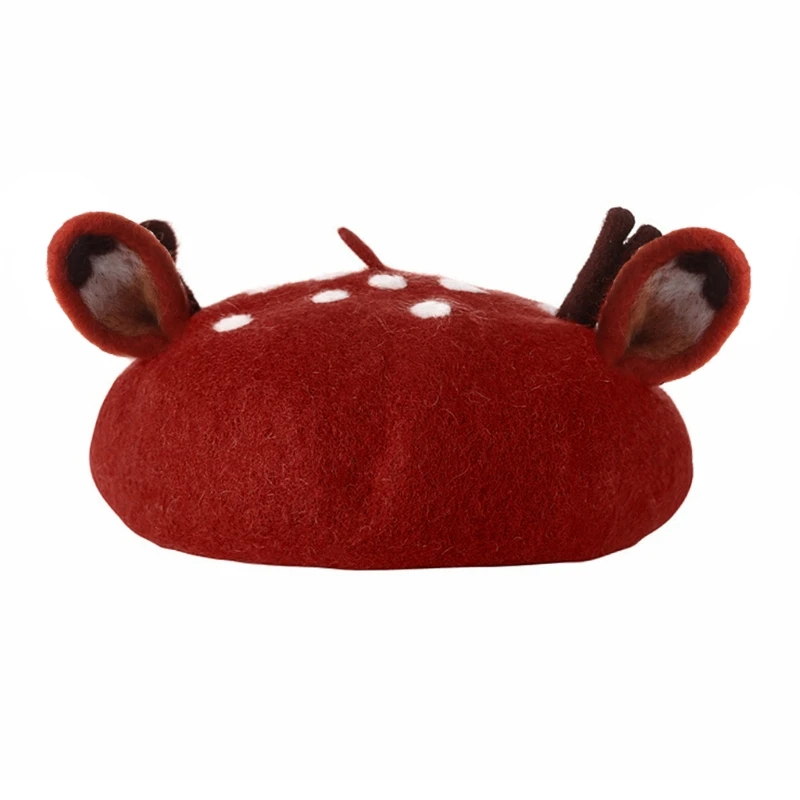 

Women Girls Christmas Beret Cap Cute 3D Reindeer Antler Ears Faux Felt Painter Student Winter Warm Animal Mushroom Hat