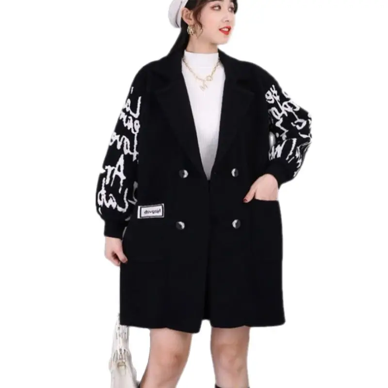 

black tweed jacket women double-faced coats knitted sleeve woolen coat for women plus size winter coat double breasted wool coat