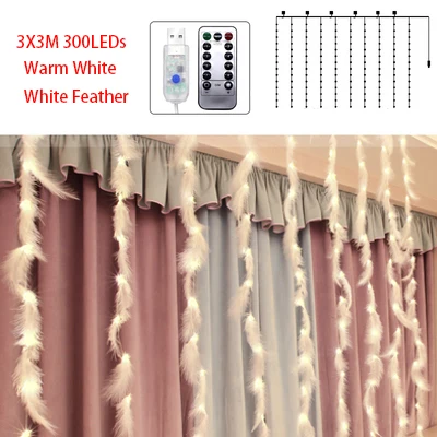 White feather WW Сказочная светодиодная гирлянда-штора, гирлянда, гирлянда, 3x3 м, Рождественский декоративный светодиодный гирлянда, рождественские вечерние, для сада, свадьбы, спальни, INS, перья, свет - Испускаемый цвет: White feather WW