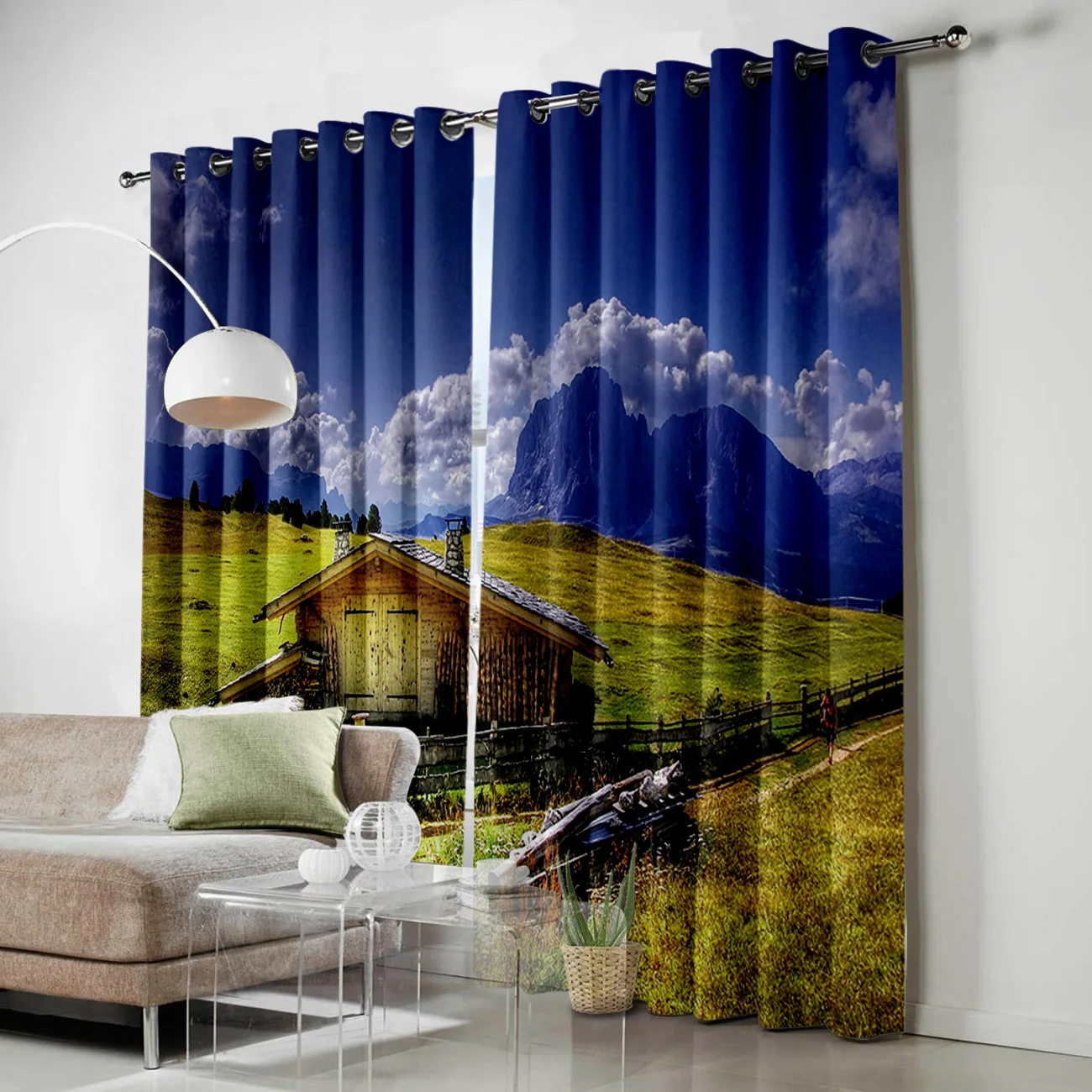 Grassland Cabin Pedestrian Mountains Sky Clouds Window Curtains Scenic for Living Room Decorative Items | Дом и сад