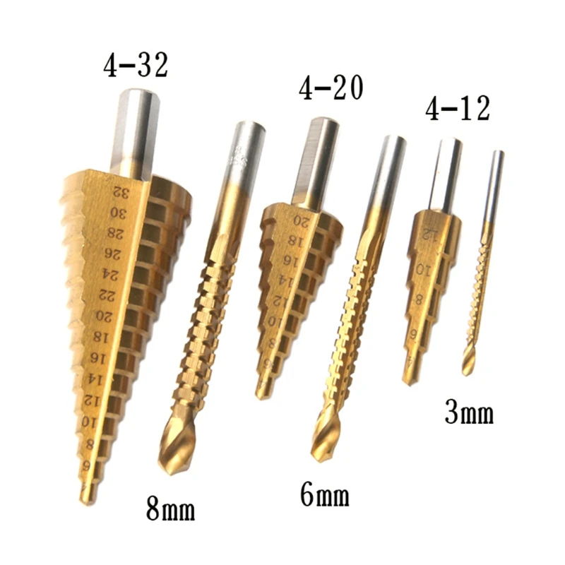 

6pcs HSS Steel Titanium Coated Step Drill Bit 4-12/20/32mm Drilling Hole Cutter Wood Cone Saw Tool + 3/6/8 Saw Drill