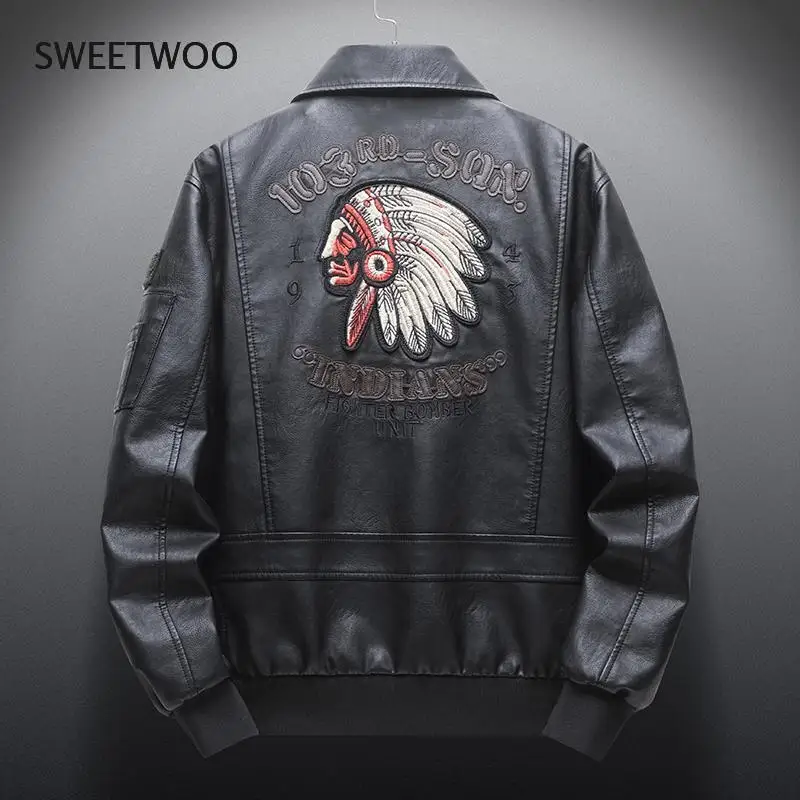 

Autumn New Men 's Retro Leather Jackets Embroidery Outwear Casual Motorcycle Pu Jacket Biker Leather Windbreaker Multi-pockets