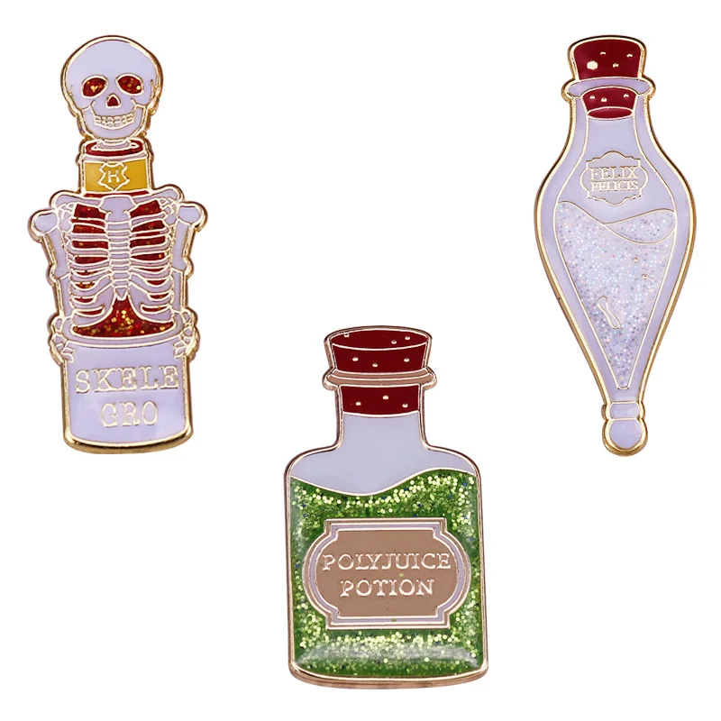 3 PCS Magic Potion Bottles Pin Polyjuice Skele-Gro and Felix Felicis Badge Wizard Fans Shiny Collection