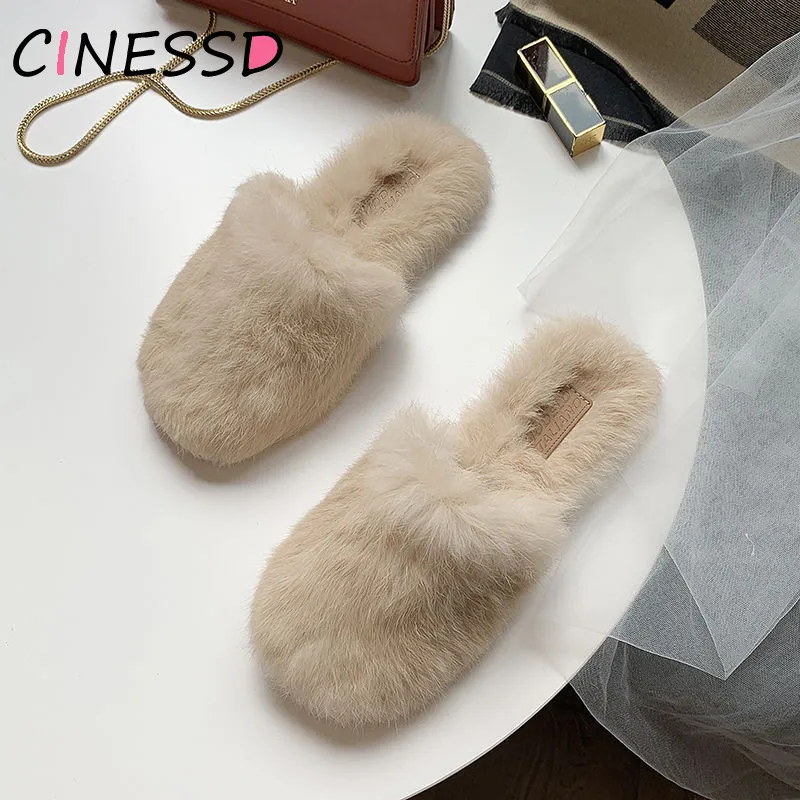 Fur Women House Slippers Shoes Rabbit Fur Slippers 2019 Real Hair Slides Female Furry Indoor Flip Flops Fluffy Plush Shoes House