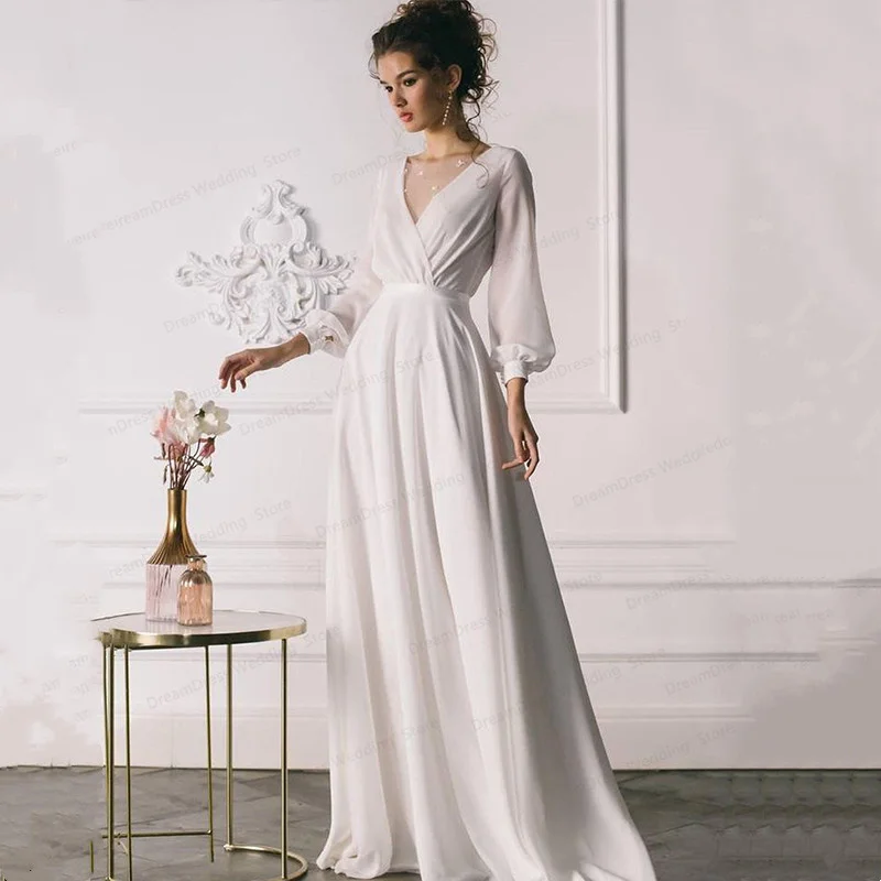 

TULX Elegant Chiffon Wedding Dress 2021 V-Neck For Women Long Sleeve Wedding Gowns for Bride Vestidos De Noiva Custom