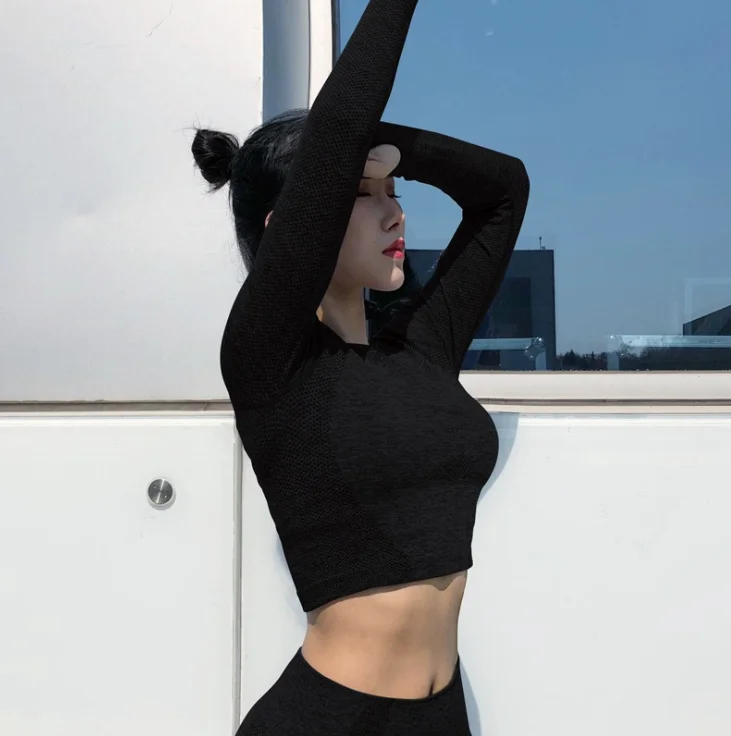 

High quality woman yoga set seamless leggings and long sleeve top ladies long tops for leggings