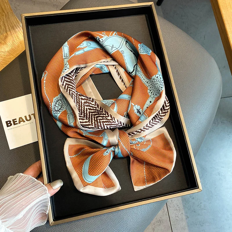 

Luxury Brand Silk Scarf Women Satin Neck Hair Tie Band NEW Hijab Head Female Foulard Print Scarves Office Ladies Shawl Bandanna